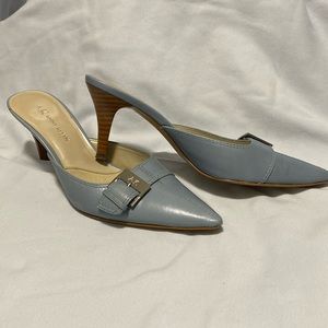 Anne Klein Stiletto Mules. Light Blue, leather, pointed toe. Size 5.5